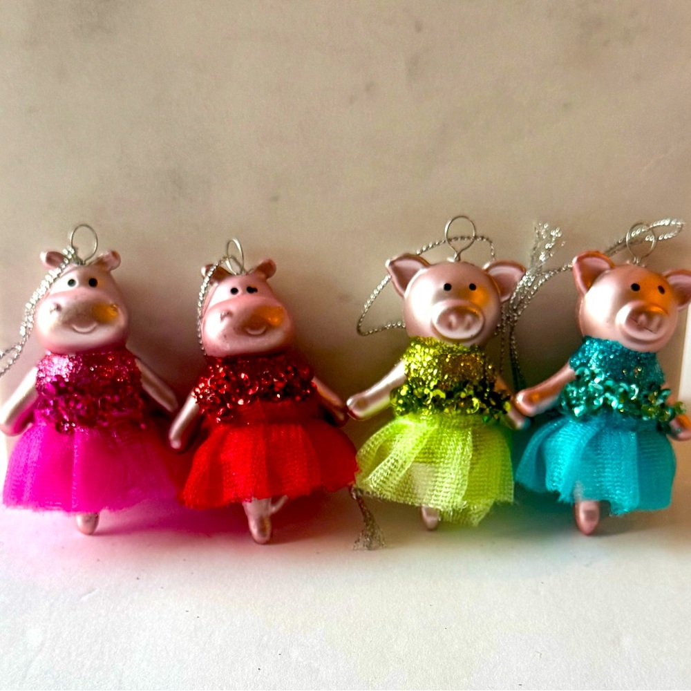 SET OF 4 GLITTERED PIG & HIPPO DANCING HOLIDAY ORNAMENTS